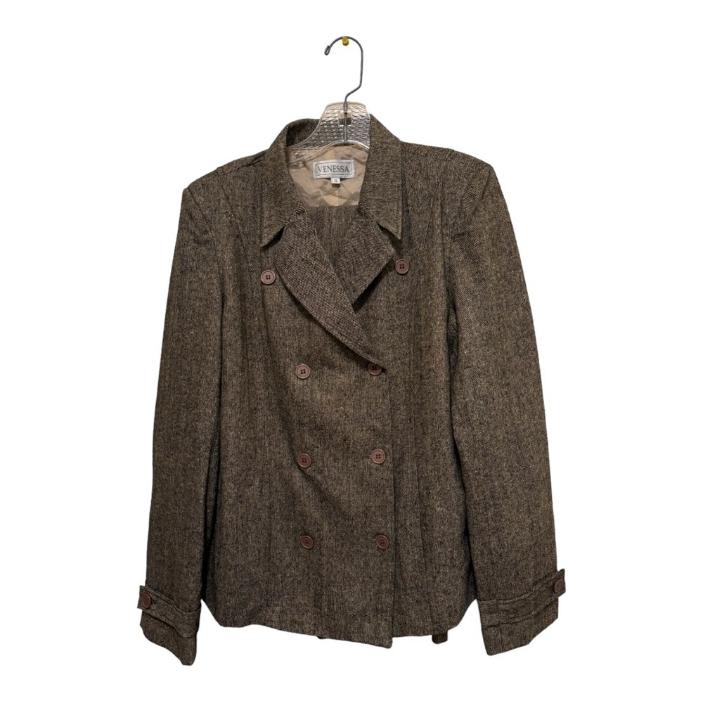Venessa Tweed Long Sleeve Double Breasted Pantsuit Women's Size M Black/Tan